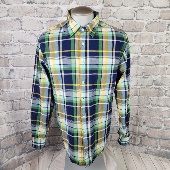 J.Crew Button Front Plaid Shirt Tailored Fit Cotton Blue Green Yellow Size Large - Picture 6 of 11